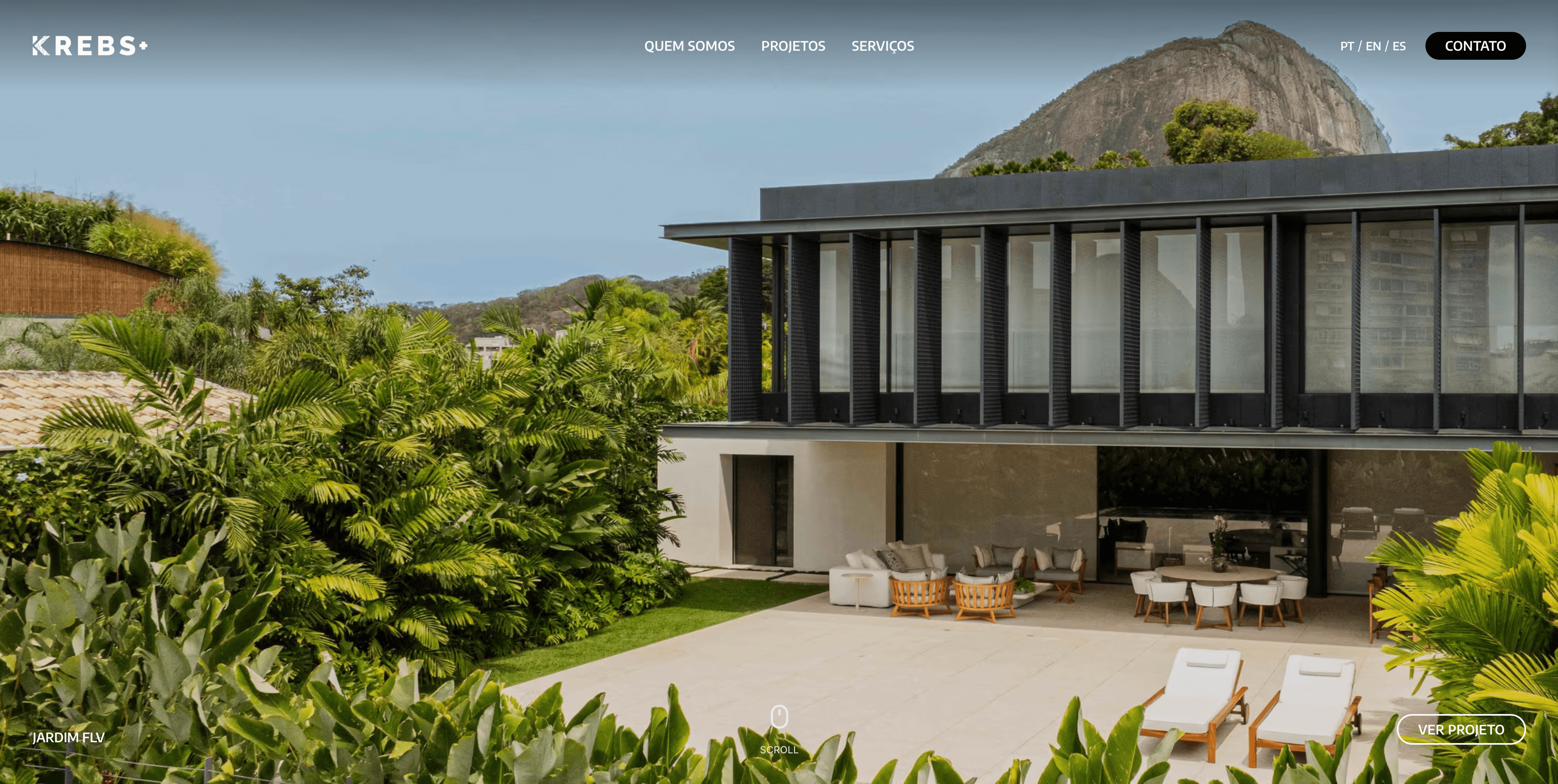 Screenshot do website Krebs+, escritório de arquitetura e paisagismo, mostrando design moderno e projetos de arquitetura